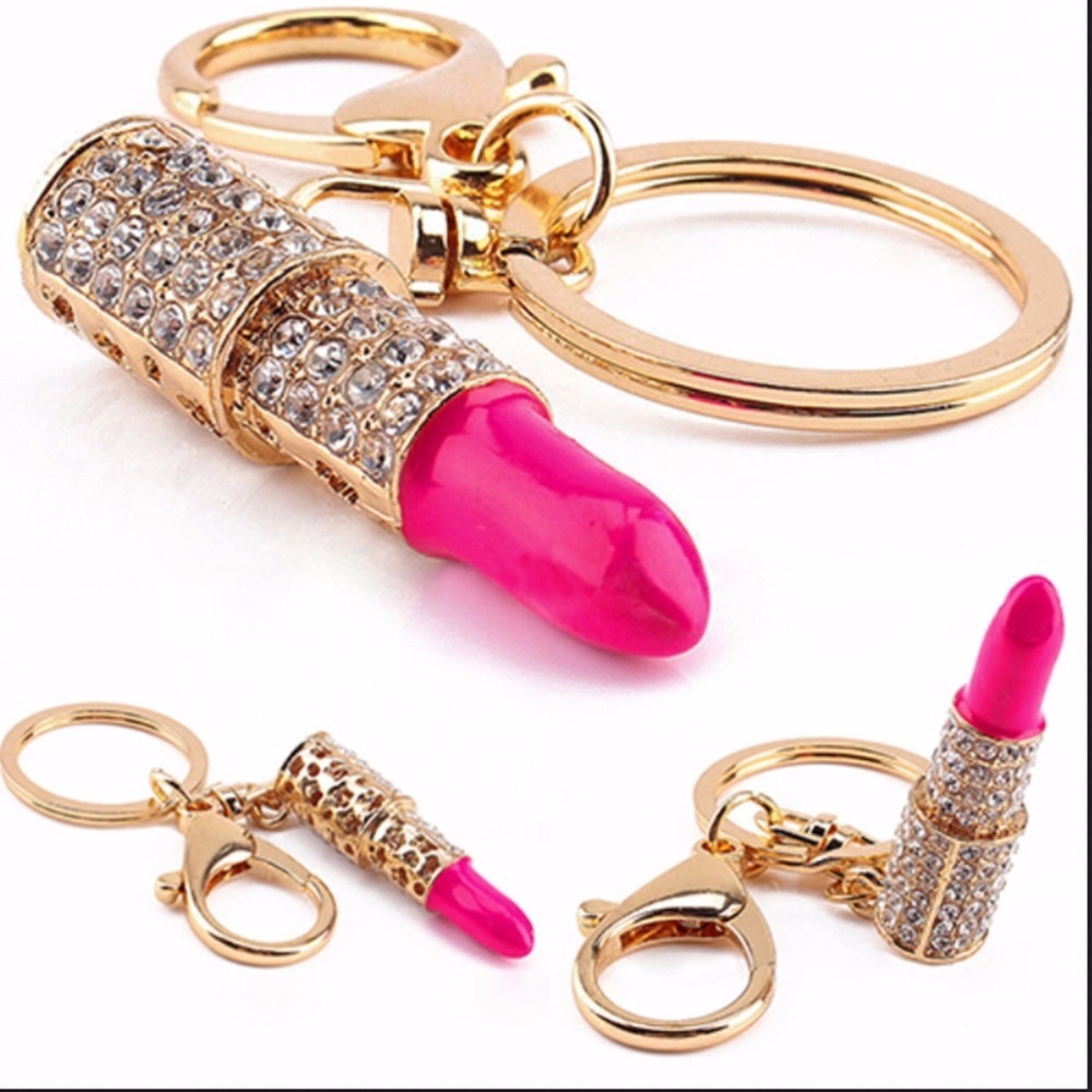 Pink Lipstick keychain purse charm Bag Backback Austrian crystals NEW